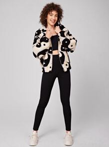 SHEIN Yin & Yang Print Zip Up Hooded Teddy Jacket - Multicolor - View 4