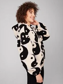 SHEIN Yin & Yang Print Zip Up Hooded Teddy Jacket - Multicolor - View 5
