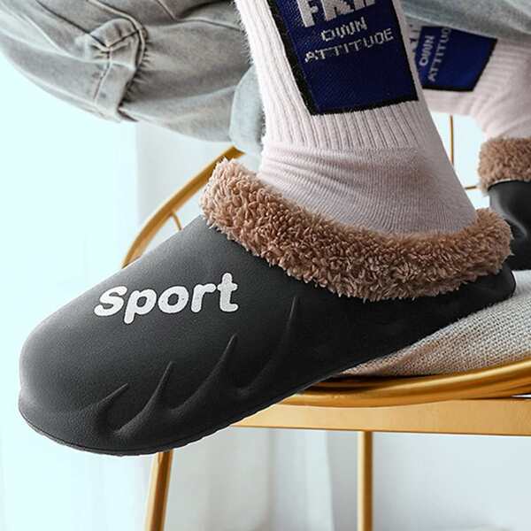 

Men Letter Graphic Plush Inside Slippers, Black