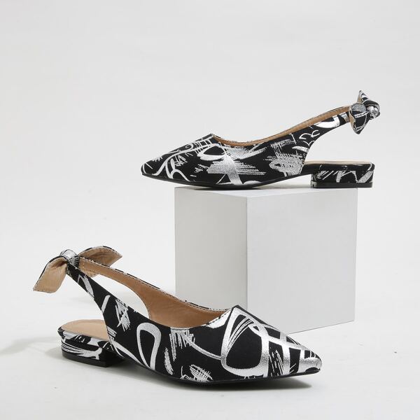 

Metallic Graphic Slingback Flats, Black and white