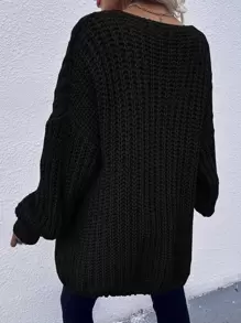 SHEIN LUNE Chunky Knit Drop Shoulder Cardigan,Ladies Late Fall Casual Bishop Sleeve Regular Fit Black Plain Women Cardigans,Casual Daily Wear,Long Sleeve Tops - Black - View 2