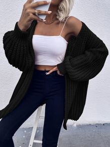 SHEIN LUNE Chunky Knit Drop Shoulder Cardigan,Ladies Late Fall Casual Bishop Sleeve Regular Fit Black Plain Women Cardigans,Casual Daily Wear,Long Sleeve Tops - Black - View 5