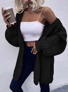 SHEIN LUNE Chunky Knit Drop Shoulder Cardigan,Ladies Late Fall Casual Bishop Sleeve Regular Fit Black Plain Women Cardigans,Casual Daily Wear,Long Sleeve Tops - Black - View 6
