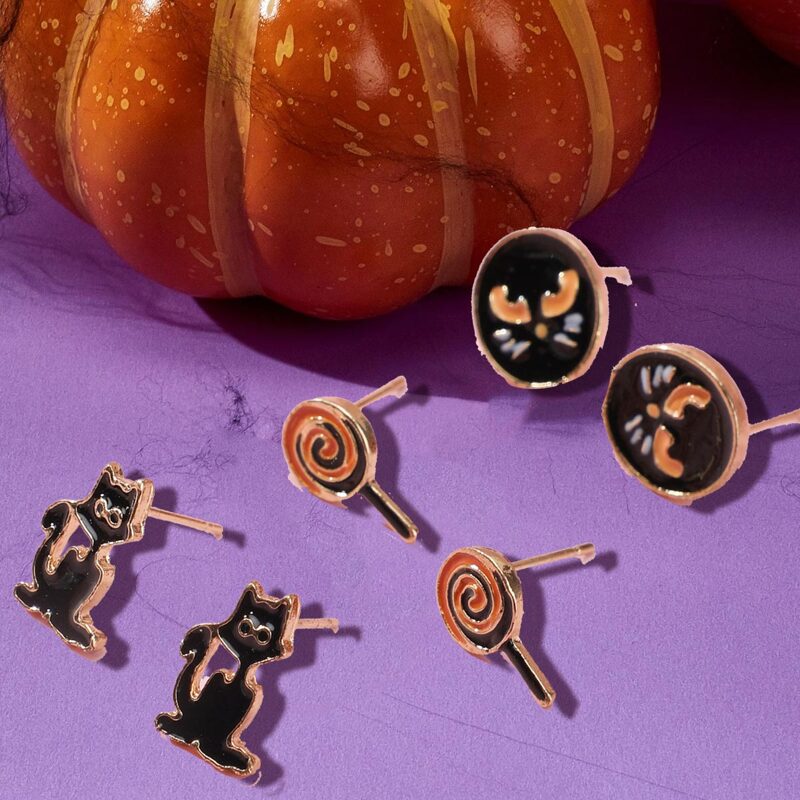 

3pairs Cat Stud Earrings, Multicolor