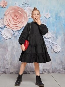Girls Frill Trim Smock Dress - Black - View 1