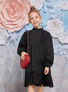 Girls Frill Trim Smock Dress - Black - View 3