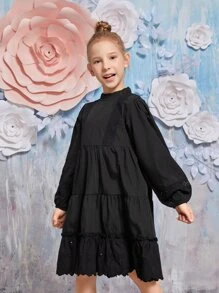 Girls Frill Trim Smock Dress - Black - View 4