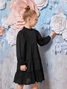 Girls Frill Trim Smock Dress - Black - View 5