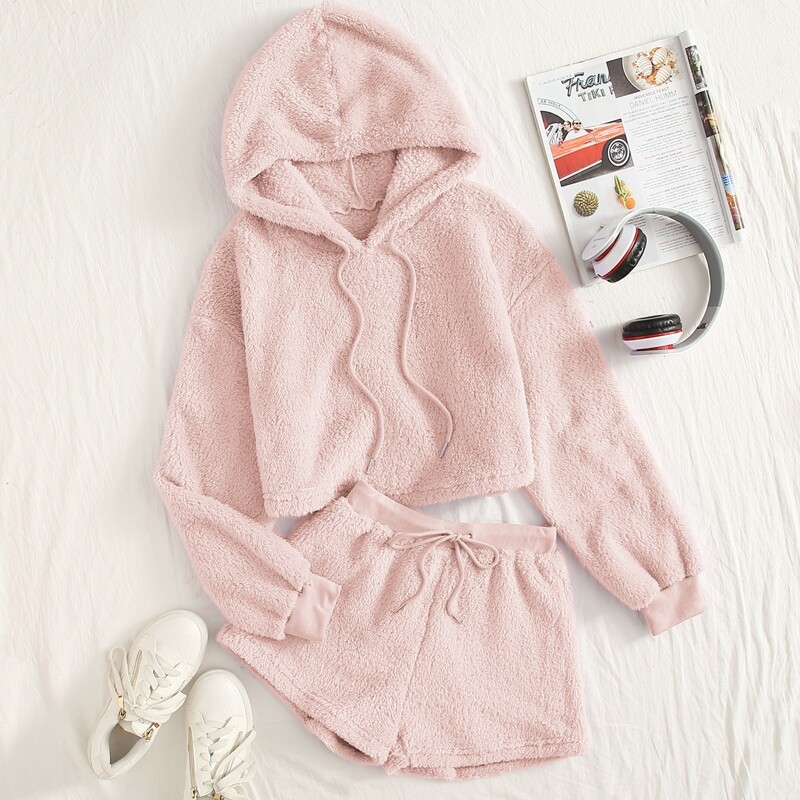 

Solid Drawstring Teddy Hoodie & Drawstring Shorts, Baby pink