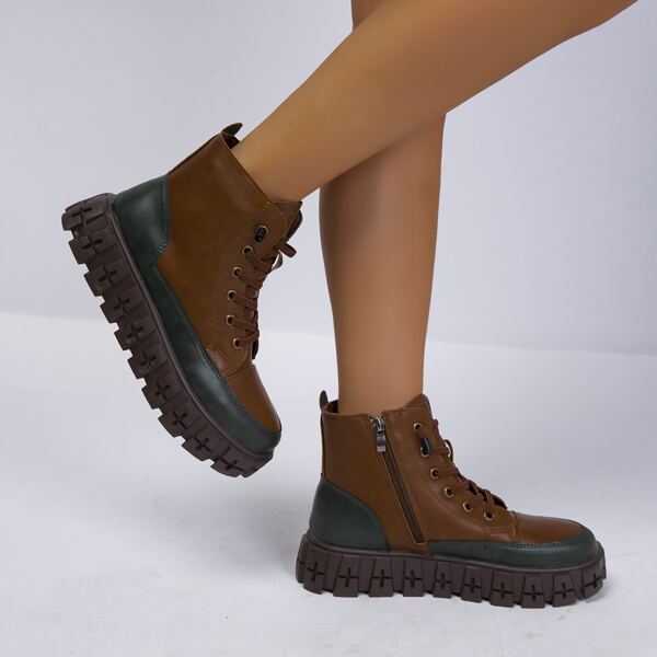 

Two Tone Platform Combat Boots, Brown