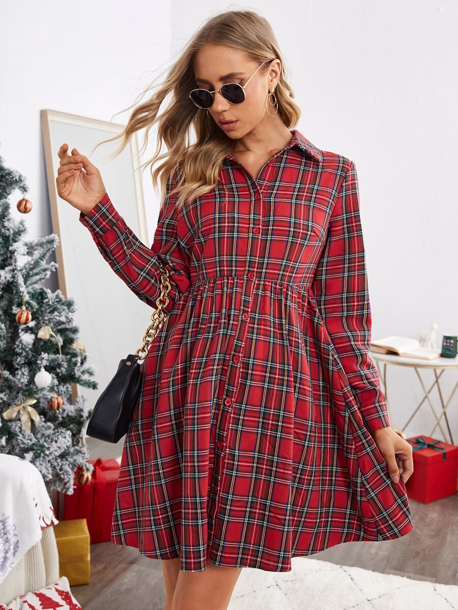 SHEIN Maternity Tartan Print Button Front Shirt Dress - Multicolor - View 1