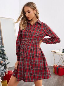 SHEIN Maternity Tartan Print Button Front Shirt Dress - Multicolor - View 3