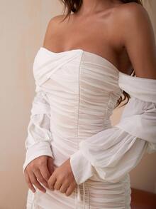 一字肩褶邊打結袖口網紗緊身洋裝