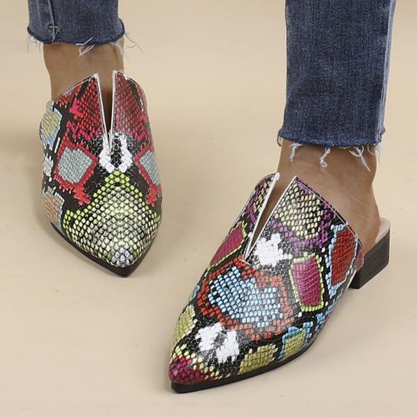 

Point Toe Snakeskin Pattern Mules, Multicolor
