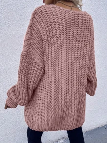 SHEIN LUNE Chunky Knit Drop Shoulder Cardigan,Long Sleeve Tops Fall Winter Cloth For Women - Dusty Pink - View 2