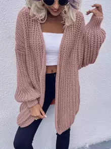 SHEIN LUNE Chunky Knit Drop Shoulder Cardigan,Long Sleeve Tops Fall Winter Cloth For Women - Dusty Pink - View 3
