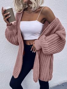 SHEIN LUNE Chunky Knit Drop Shoulder Cardigan,Long Sleeve Tops Fall Winter Cloth For Women - Dusty Pink - View 4