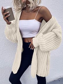 SHEIN LUNE Chunky Knit Drop Shoulder Cardigan - Beige - View 6