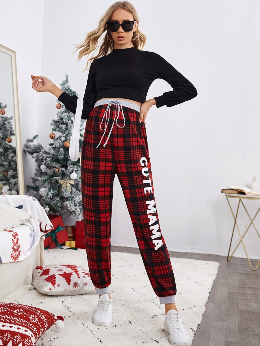 SHEIN Maternity Letter & Plaid Print Pants - Multicolor - View 1