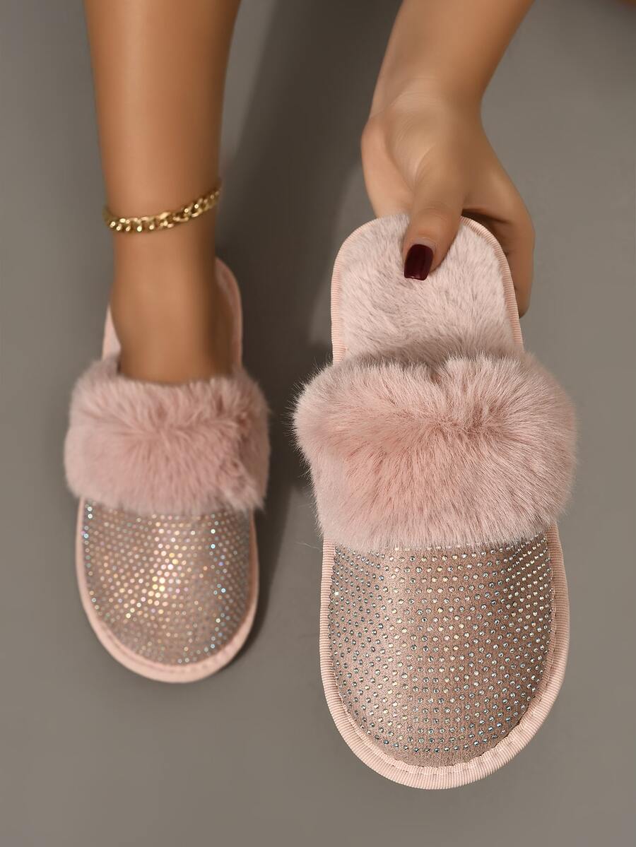 水鑽裝飾毛絨拖鞋 - 粉色 - 查看 1