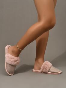 水鑽裝飾毛絨拖鞋 - 粉色 - 查看 2