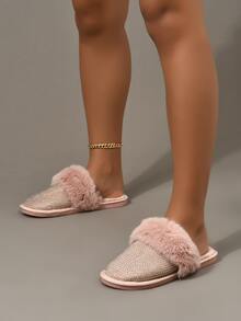 水鑽裝飾毛絨拖鞋 - 粉色 - 查看 3