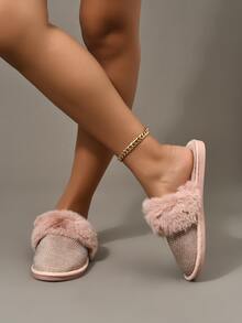 水鑽裝飾毛絨拖鞋 - 粉色 - 查看 4