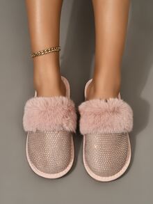 水鑽裝飾毛絨拖鞋 - 粉色 - 查看 5