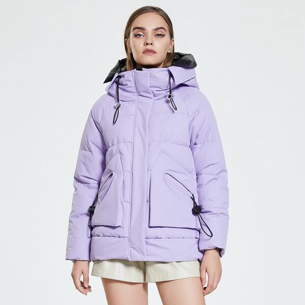 

Zip Up Snap Button Drawstring Hooded Puffer Coat, Lilac purple