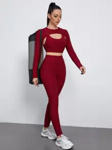 Yoga Basic 3pcs Breathable Softness Honeycomb Textured Sports Set - Burgundy - View 1
