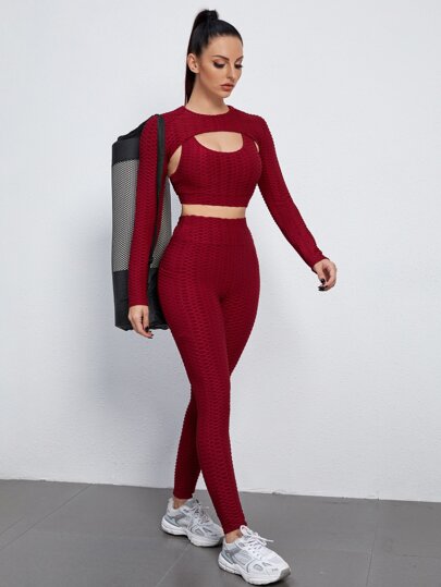 طقم لباس رياضي ذو سطح مزخرف بقرص العسل ناعم وبثقوب 3 قطع