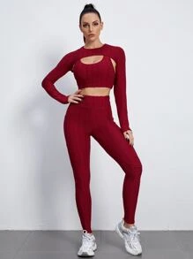 Yoga Basic 3pcs Breathable Softness Honeycomb Textured Sports Set - Burgundy - View 3