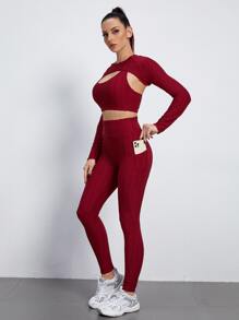 Yoga Basic 3pcs Breathable Softness Honeycomb Textured Sports Set - Burgundy - View 4