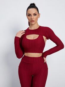 Yoga Basic 3pcs Breathable Softness Honeycomb Textured Sports Set - Burgundy - View 5