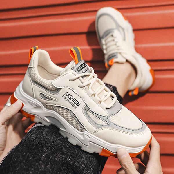 

Men Lace-up Front Mesh Panel Sneakers, Beige