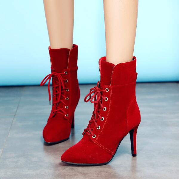 

Lace-up Front Stiletto Heeled Boots, Red