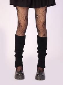 Skull Print Tights & Leg Warmers - Black - View 1