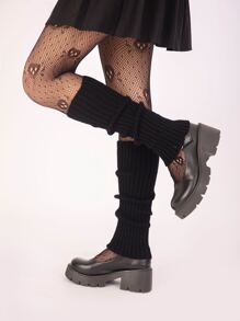 Skull Print Tights & Leg Warmers - Black - View 3