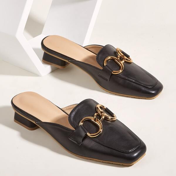 

Square Toe Chain Decor Flat Mules, Black