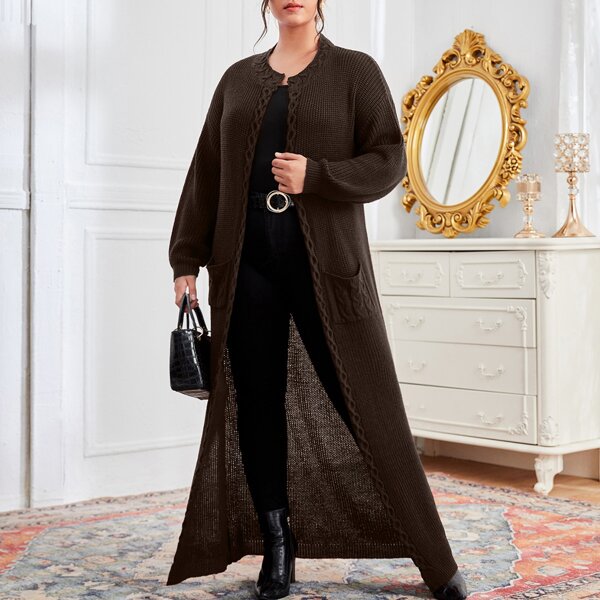 

Plus Solid Dual Pockets Maxi Cardigan, Chocolate brown