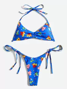 Bikini con estampado de oso de caricatura y busto fruncido - Multicolor - Ver 1