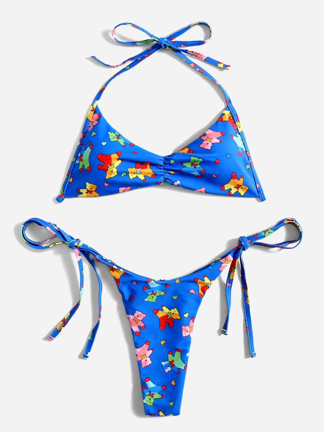 Bikini con estampado de oso de caricatura y busto fruncido - Multicolor - Ver 1