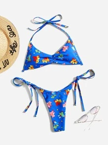 Bikini con estampado de oso de caricatura y busto fruncido - Multicolor - Ver 3