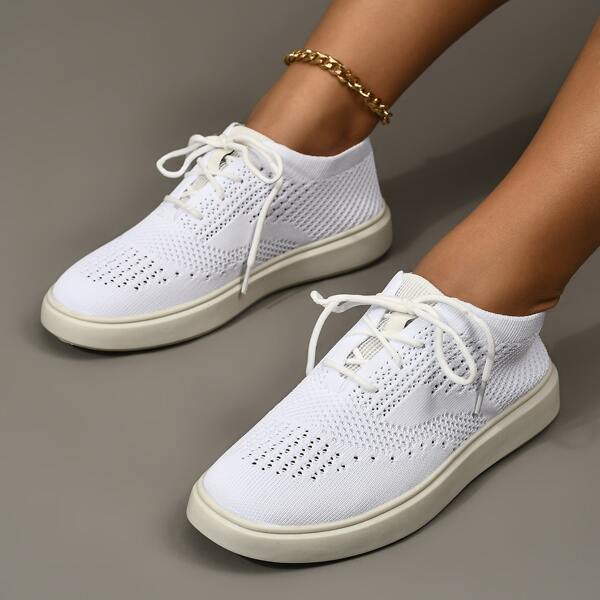 

Lace-up Front Knit Flatform Shoes, White