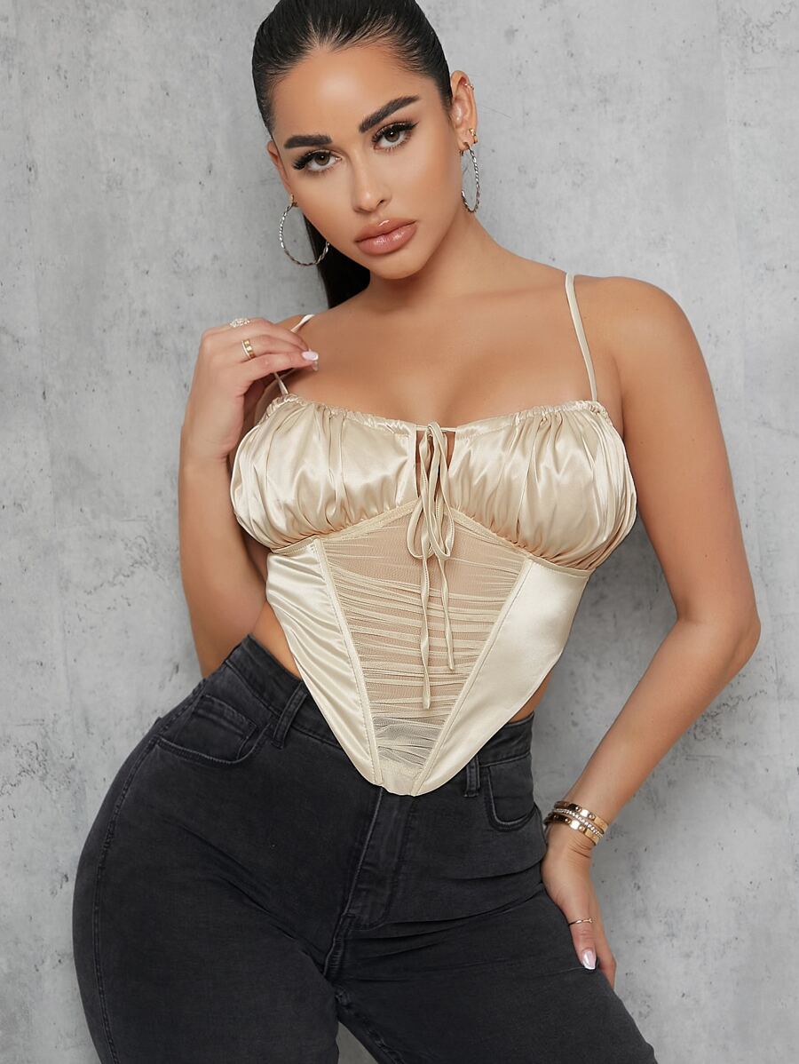SHEIN SXY Top de tirantes de satén con lazo de malla fruncido - Champán - Ver 1