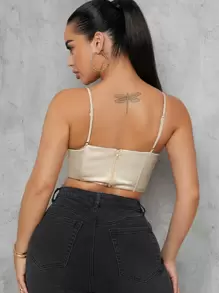 SHEIN SXY Top de tirantes de satén con lazo de malla fruncido - Champán - Ver 2