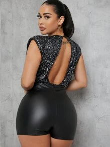 SHEIN SXY 亮片緊身上衣墊肩連身短褲 - 黑色 - 查看 2