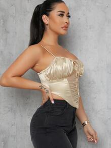 SHEIN SXY Top de tirantes de satén con lazo de malla fruncido - Champán - Ver 4