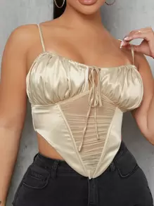 SHEIN SXY Top de tirantes de satén con lazo de malla fruncido - Champán - Ver 3