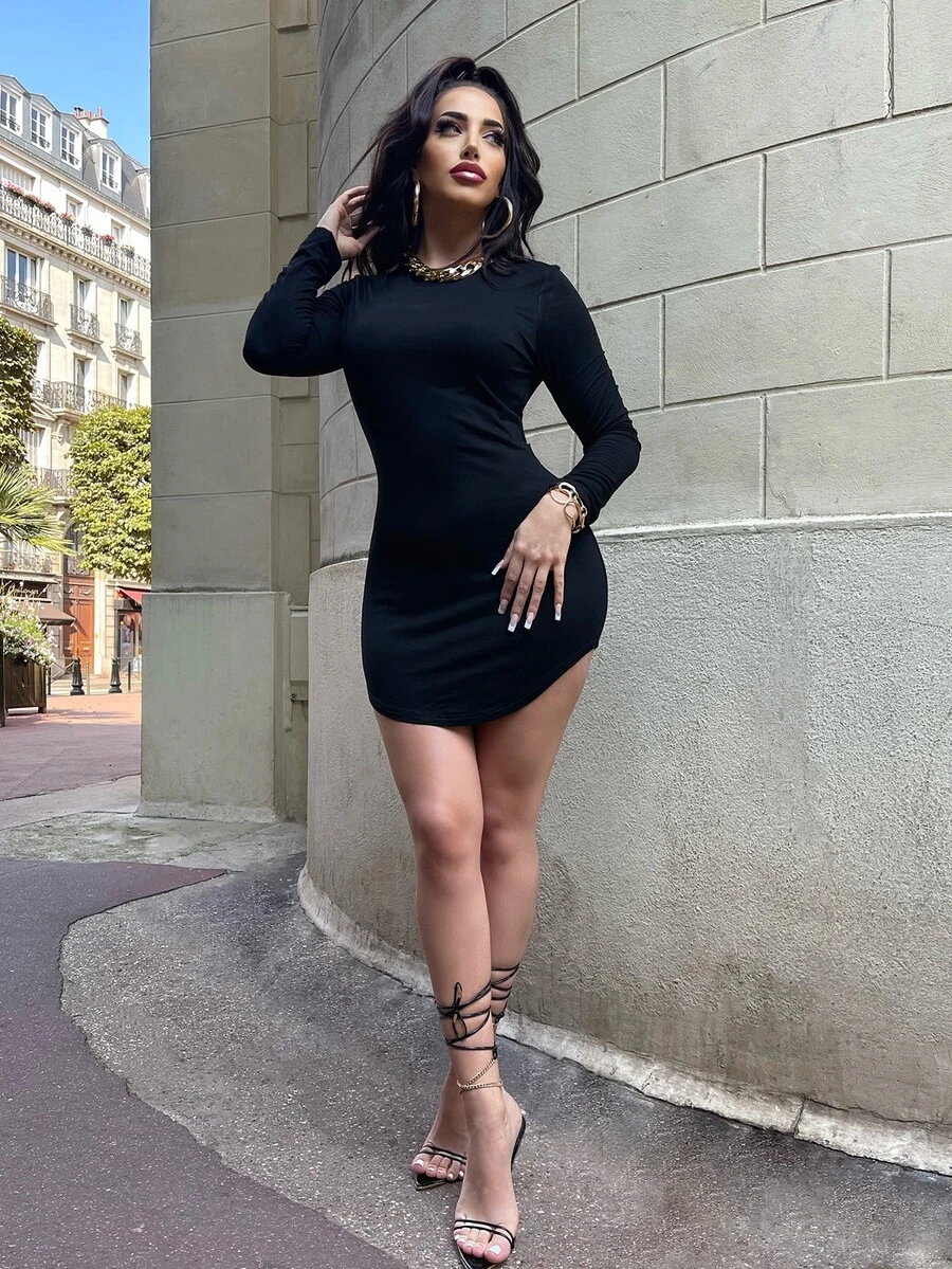 AAmilife Đầm Bất đối xứng màu trơn Giải trí - màu đen - Xem 1